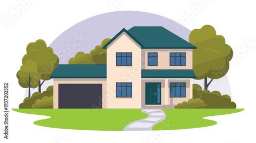 Cartoon illustration of a two-story suburban house with a garage and yard