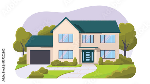Modern family home with green garden and driveway vector illustration
