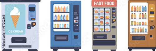 Vending machines set with ice cream, beverages and fast food dispensers, automated snack and drink retail vector illustration