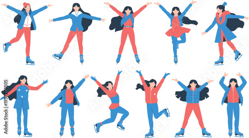 Women ice skating characters performing winter sport poses on skates, figure skating activity, cold season recreation flat vector illustration set