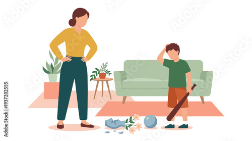 Child Breaks Vase with Baseball Bat, Mother Looks On Disapprovingly