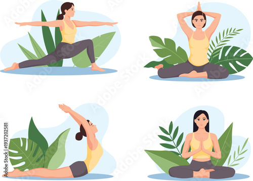 Women practicing yoga poses set with meditation, stretching and fitness exercises, healthy lifestyle and mindfulness flat vector illustration collection