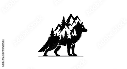 Canvas Print Silhouette wolf with forest and mountains