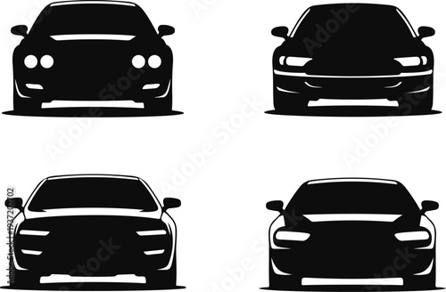 Four black silhouette front views of modern sports cars on a white background modern cars coupe