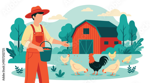 Farmer feeding chickens and rooster on a vibrant farm with red barn.