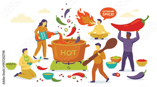 Cartoon illustration of people cooking and enjoying extremely spicy food