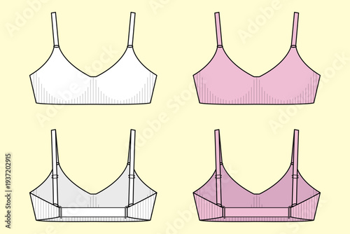 Ladies Minimalist Adjustable Strap Bralette Colorway Set Fashion Technical Flat Sketch CAD Mockup Front and Back Views