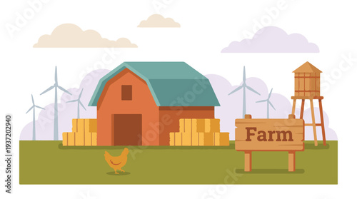 Farm landscape illustration with barn, wind turbines, chicken, and hay