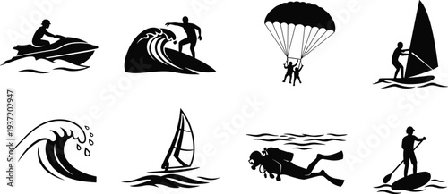 Water sports silhouette collection featuring surfing, jet ski, sailing, paddle boarding, snorkeling and parachuting activities, extreme ocean adventure illustration isolated on white background