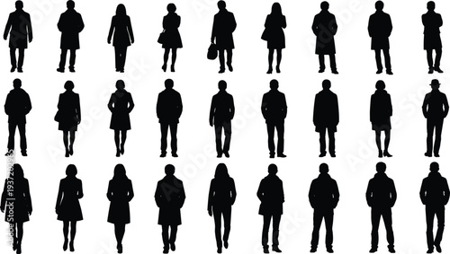 Walking people silhouette collection with men and women in different poses, urban crowd characters illustration isolated on white background, city lifestyle concept