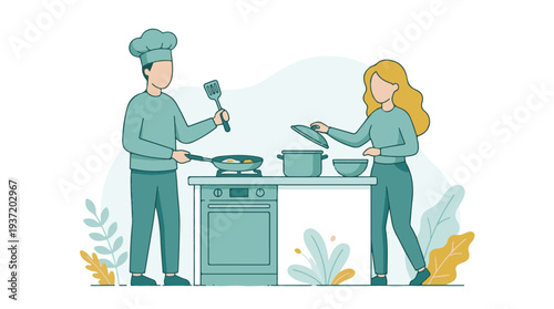 Happy couple cooking and preparing a meal in a modern kitchen.