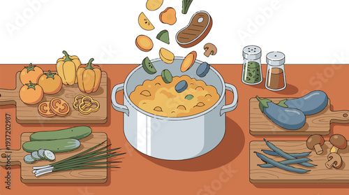 Illustration of various fresh ingredients and pot for cooking a healthy meal