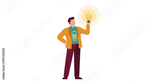 Man with a glowing light bulb and a full battery symbol representing ideas and energy