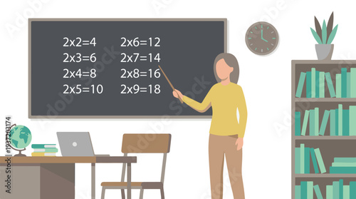 Woman teacher teaching arithmetic in a classroom setting with blackboard