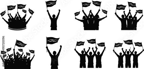 Crowd protest silhouette collection with people raising flags and hands, demonstration rally group illustration isolated on white background, activism and political movement concept