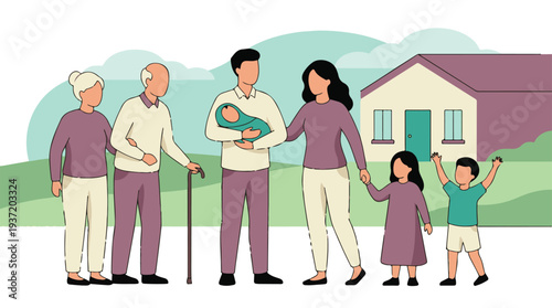 Happy multi-generational family portrait standing together outside house