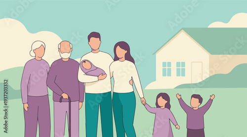 Happy multi-generational family standing together in front of their house