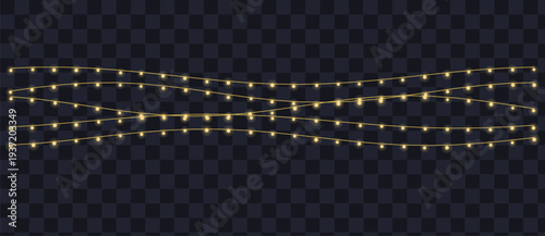 Three wavy lines of golden glowing string lights illuminate a dark transparent checkerboard