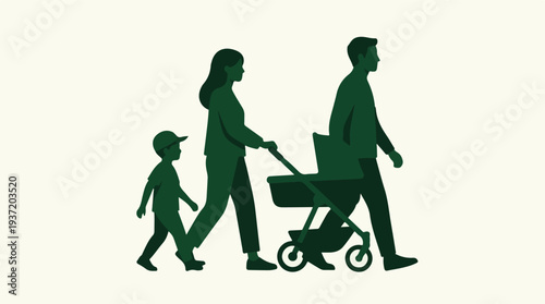 Parents with child and baby stroller walking in profile silhouette