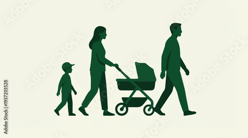 Minimalist illustration of a family walking with a baby and child.