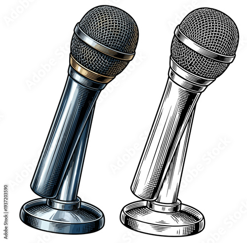 Showcasing dual microphones product illustration with black and silver designs in a studio setting, captured from an angled perspective
