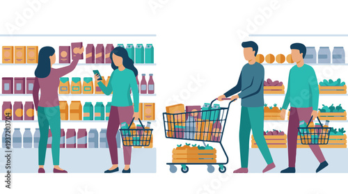 People Shopping for Groceries in Supermarket, Flat Vector Illustration
