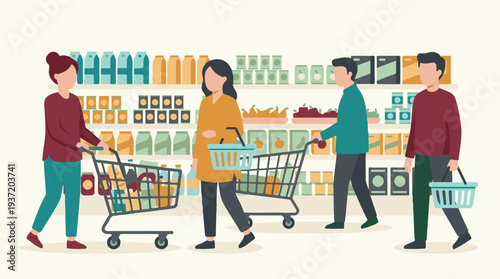 Customers shopping for groceries in a modern supermarket illustration