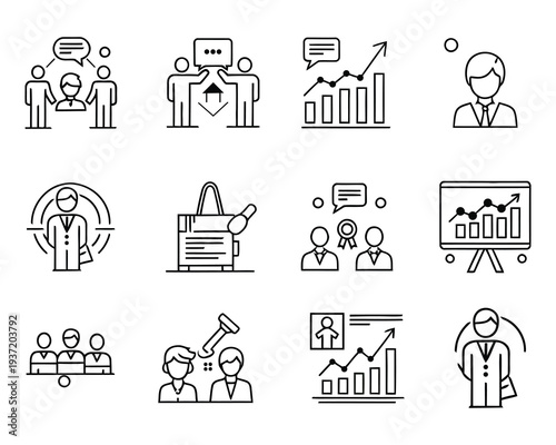 Business presentation and communication icons set for corporate meetings and team discussions