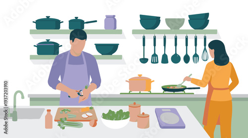 Couple preparing and cooking a healthy meal together in a modern kitchen