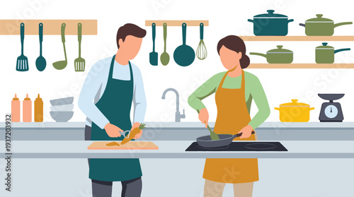 Couple cooking in modern kitchen, preparing healthy food together