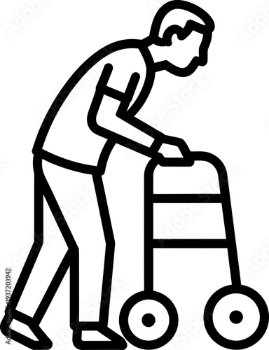 Senior man walking with a mobility walker as an assistance device. Elderly care and accessibility concept. Outline vector icon for medical app