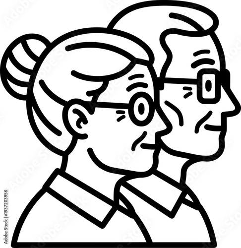 Elderly couple side profile with glasses, showing aging and companionship. Minimalist line art vector illustration for senior care or retirement