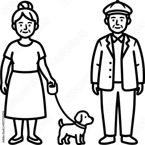 Old woman with a dog on a leash and an elderly man standing together. A couple of seniors. Vector line art illustration