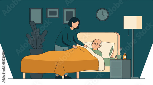 Woman caring for sick senior man in bed, taking temperature at night