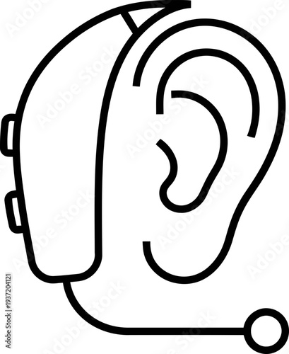Hearing aid icon outline in ear, medical device concept. Modern earphone symbol. Vector illustration for clinic, hearing test design