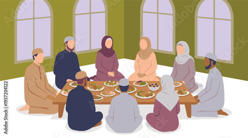 Muslim family sharing a communal meal, celebrating togetherness and culture