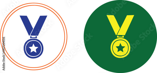 Blue and yellow star medals with green and white backgrounds