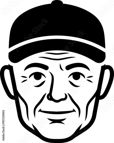 Senior man wearing cap retro style sport icon. Male athletic aging person face. Baseball player logo concept design. Vector illustration