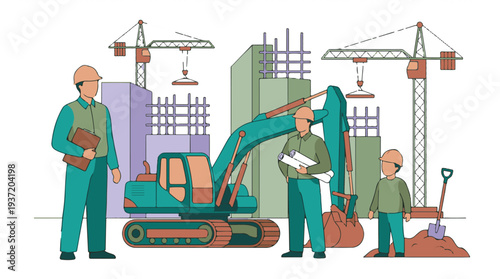 Construction site with workers, excavator, cranes, and building development