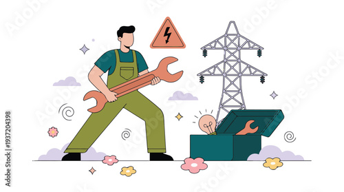 Electrician performing repair and maintenance on power lines illustration
