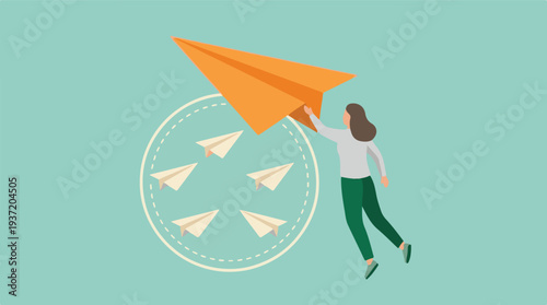 Female leader guiding an innovative paper plane breaking from convention