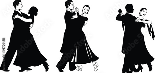 Ballroom dance silhouette illustration, elegant couples, waltz foxtrot tango, formal attire, synchronized movement, performance art, graceful posture, choreography sequence, romantic dance