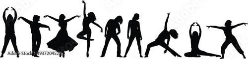 Dance silhouette illustration, ballet contemporary jazz poses, artistic movement, choreography sequence, expressive dancers, performance art, modern dance, creative posture, body motion