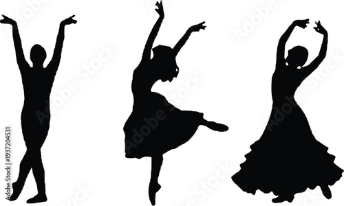 Dance silhouette collection, elegant dancer poses, ballet vector illustration, flamenco graphic design, contemporary movement artwork, black icon set, performance art