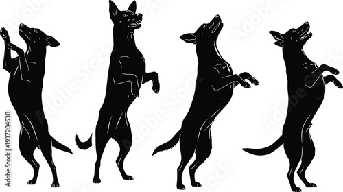 Dog silhouette collection, standing dog poses, begging canine vector, pet artwork illustration, black animal icon set, playful posture graphic design