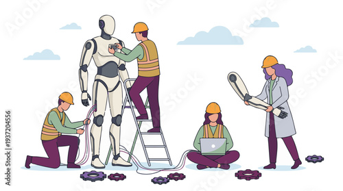 Engineers and technicians assemble and program a humanoid robot