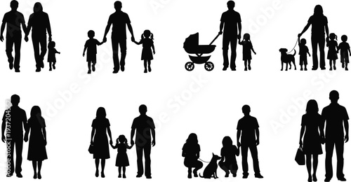 Family silhouette collection, parent child interaction, diverse family structures, caregiving vector illustration, bonding artwork design, pet and stroller icons, black graphic