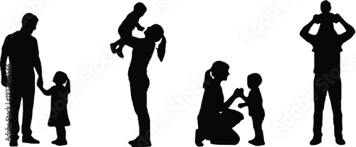 Family silhouette collection, parent child interaction, caregiving vector illustration, parenting artwork design, adult and kid bonding, black icon set