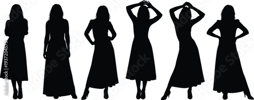 Female silhouette poses, fashion figure, long dress woman, standing posture, dynamic gesture, vector illustration, character modeling, graphic design art