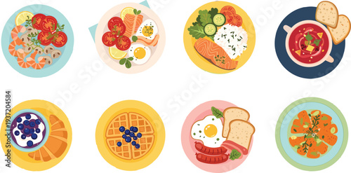 Cute Healthy Breakfast Icons Set with Fried Eggs Vegetables Tomatoes Cucumbers Carrots Berries Waffles Toast Plates for Cafe Menu App Website Kids Design Vector Graphics